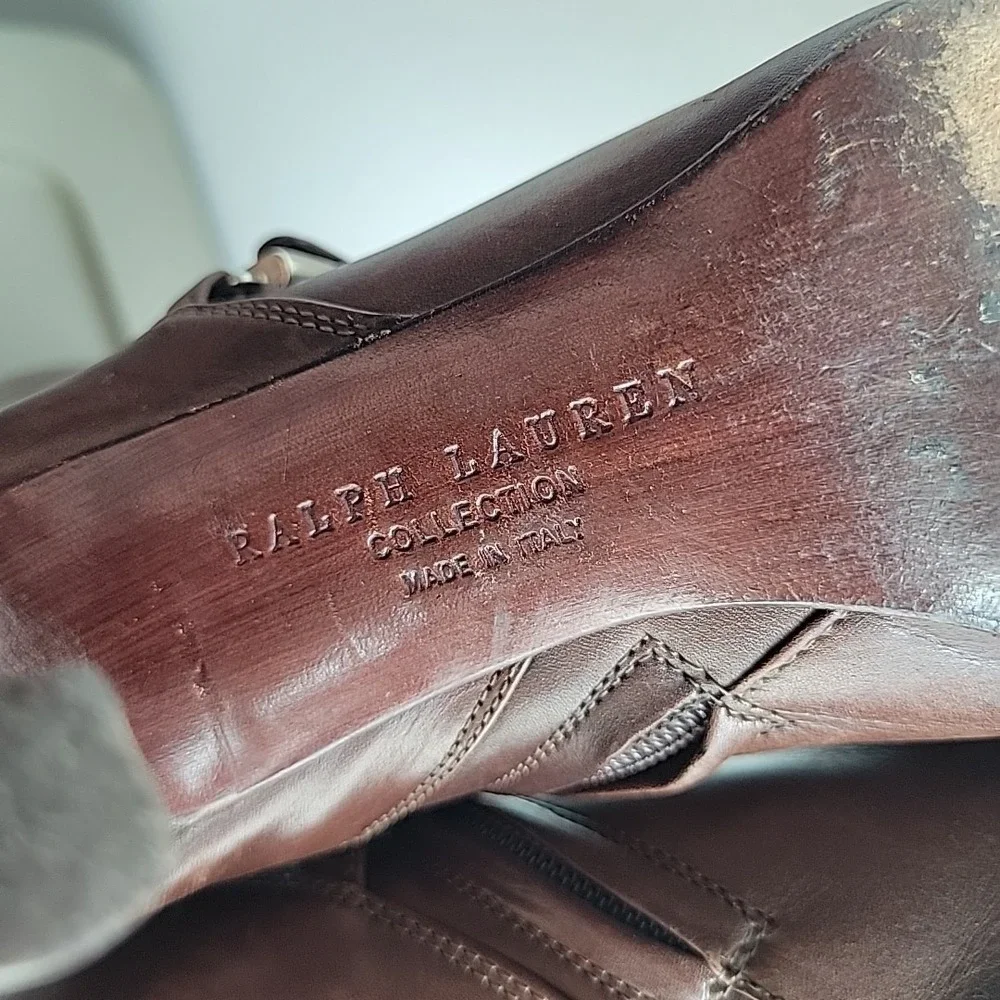 Ralph Lauren Purple Label Knee High Leather Boots Womens Size 6.5 Brown Heel Zip